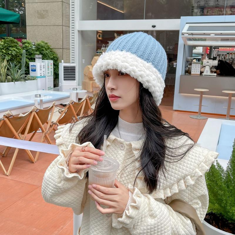 Women Warm Fluffy Plush Bucket Hat Ladies Winter Solid Fashionable Knitted Cap  Fisherman Cap Ladies