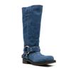 Fashion Blue Denim Riveted Women Motorcycle Boots Belt Buckle Design 3.5cm Thick Heel Knight Knee High Boots European American Style 44