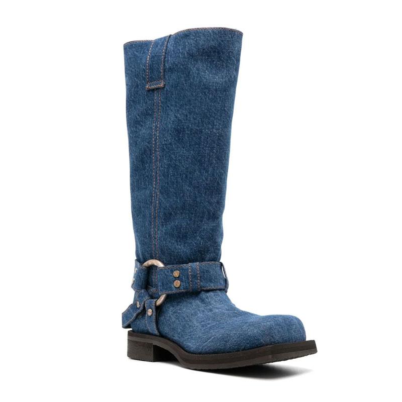 Fashion Blue Denim Riveted Women Motorcycle Boots Belt Buckle Design 3.5cm Thick Heel Knight Knee High Boots European American Style 44