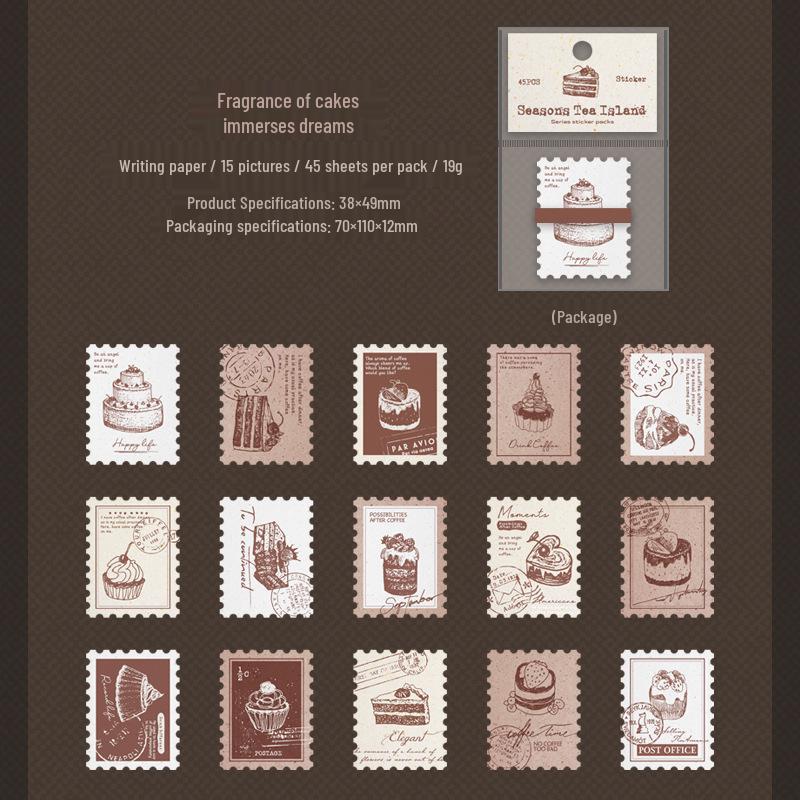 

Ketchup Girl Retro Stamp-Style Sticker Pack: Four Seasons Tea Isle Series – 45 Decorative Journal Sheets