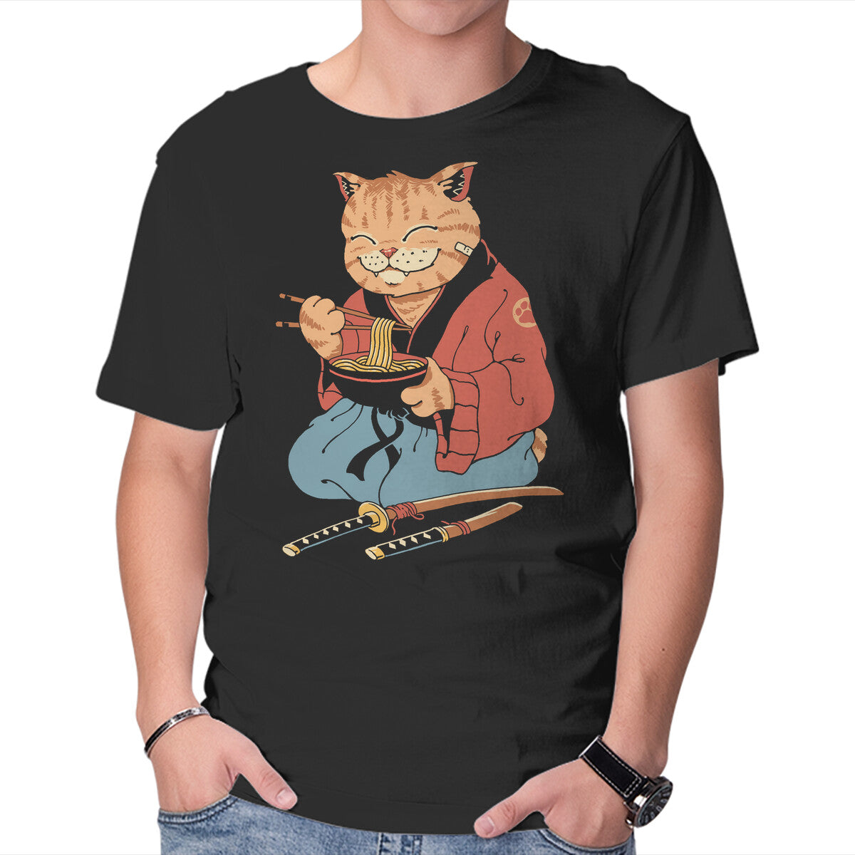 Unisex Crew Neck T-Shirt Cat Ramen Graphic Short Sleeve Casual Tee XL
