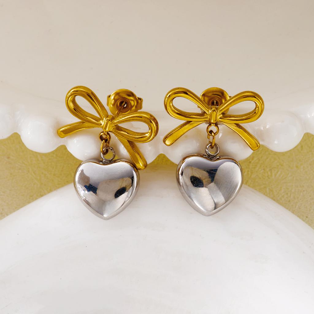 Vintage Simple Gold Color Bow Pearl Earrings For Women Stainless Steel Love Heart Pendant Earring Party Classic Retro Jewelry