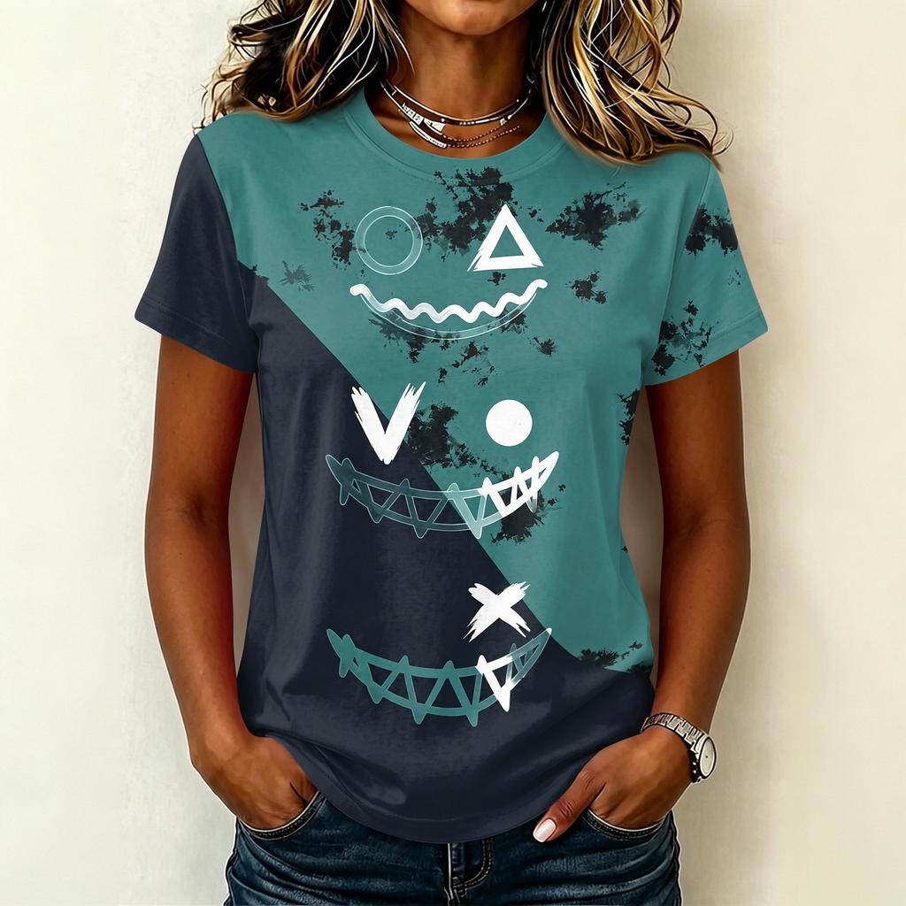 Women's Short Sleeve Round Neck T-Shirt with Halloween Print Pullover Casual Top for Party