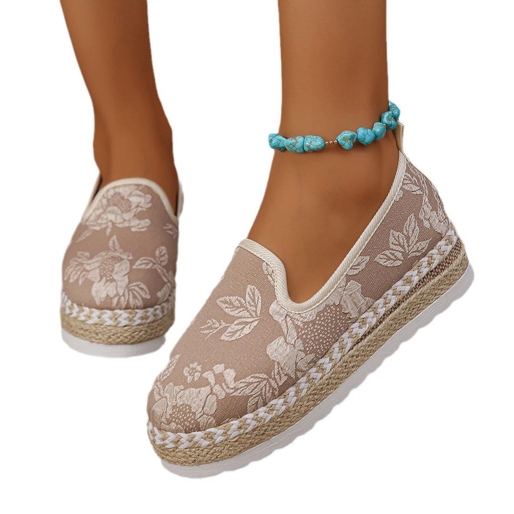 Große vielseitige Freizeitschuhe mit flachem Boden für Damen, bestickt mit Hanfseil und dicker Sohle
