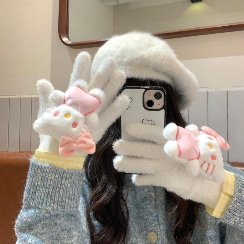 Cute Cartoon Plush Gloves Female Winter Warm Thickened Student Riding Touch Screen Split-finger Gloves Three-dimensional