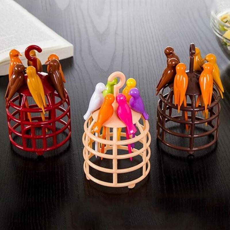 6 Pcs for Creative Birdcage Fruit Fork Toothpick Plastic Stand Holder