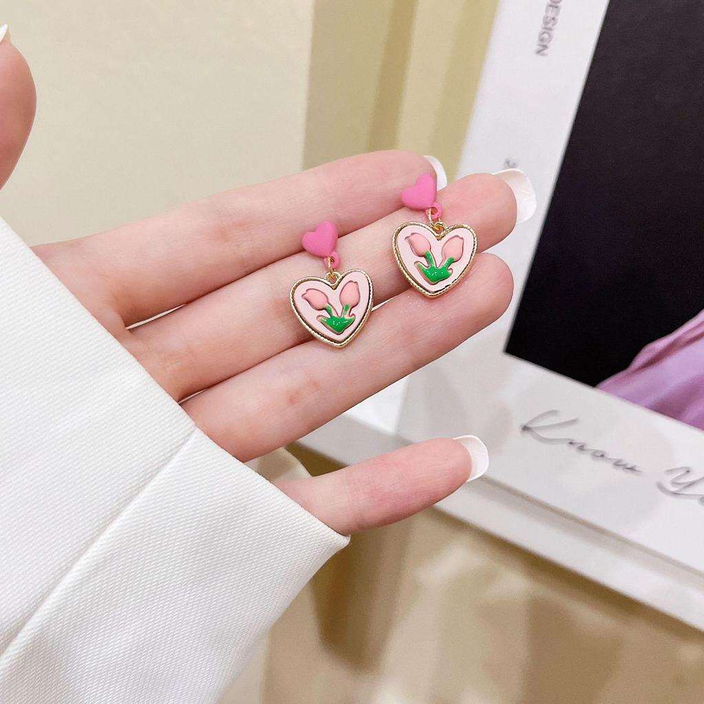 S925 Pink Heart & Tulip Flower Earrings for Women - Sweet Summer Clip-Ons 2022 Trend