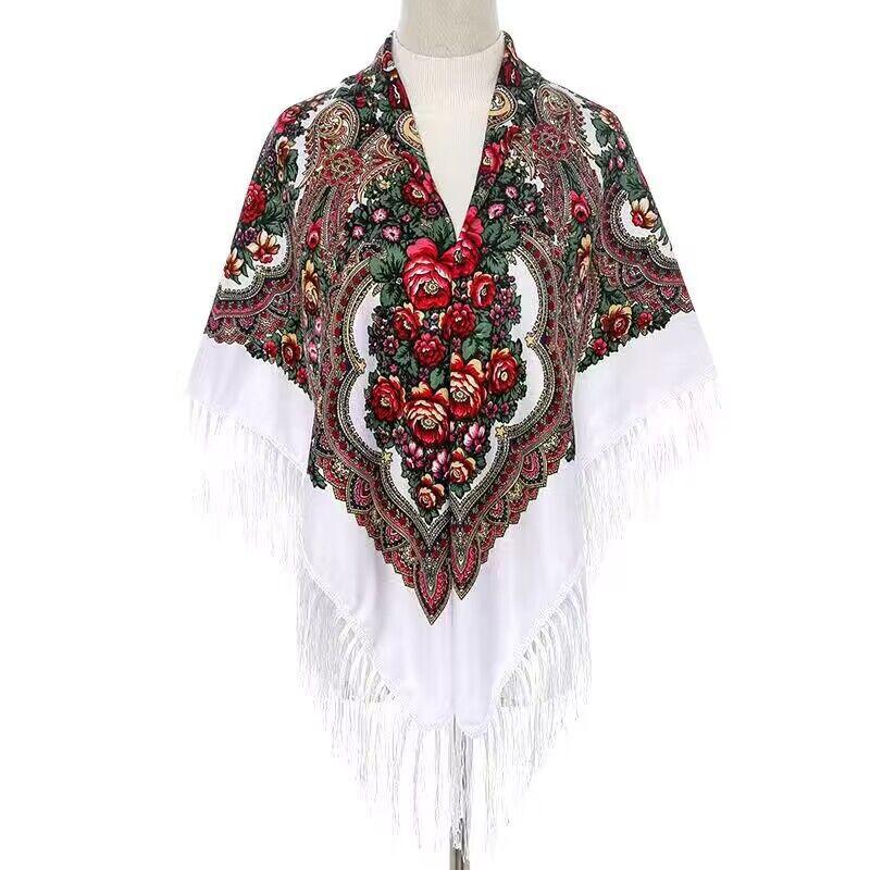 130*130Cm Ethnic Printed Square Shawls Elegant Women Scarf Babushka Retro Russian Bandana Wraps Kerchief Floral Warm Blanket