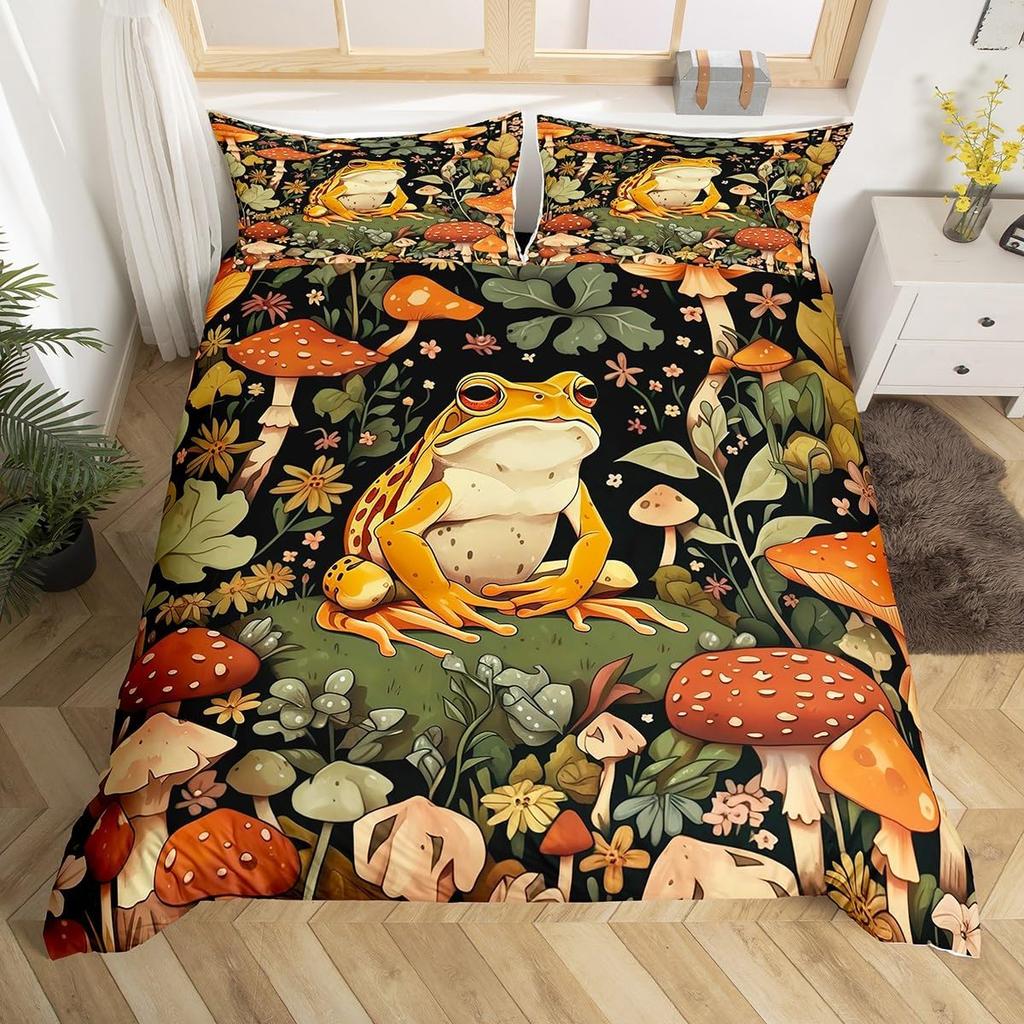 Kawaii Frog Print Duvet Cover Frog Mushrooms Comforter Cover Botanical Mushroom Twin Queen Bedding Set For Girl Teen Room Decor