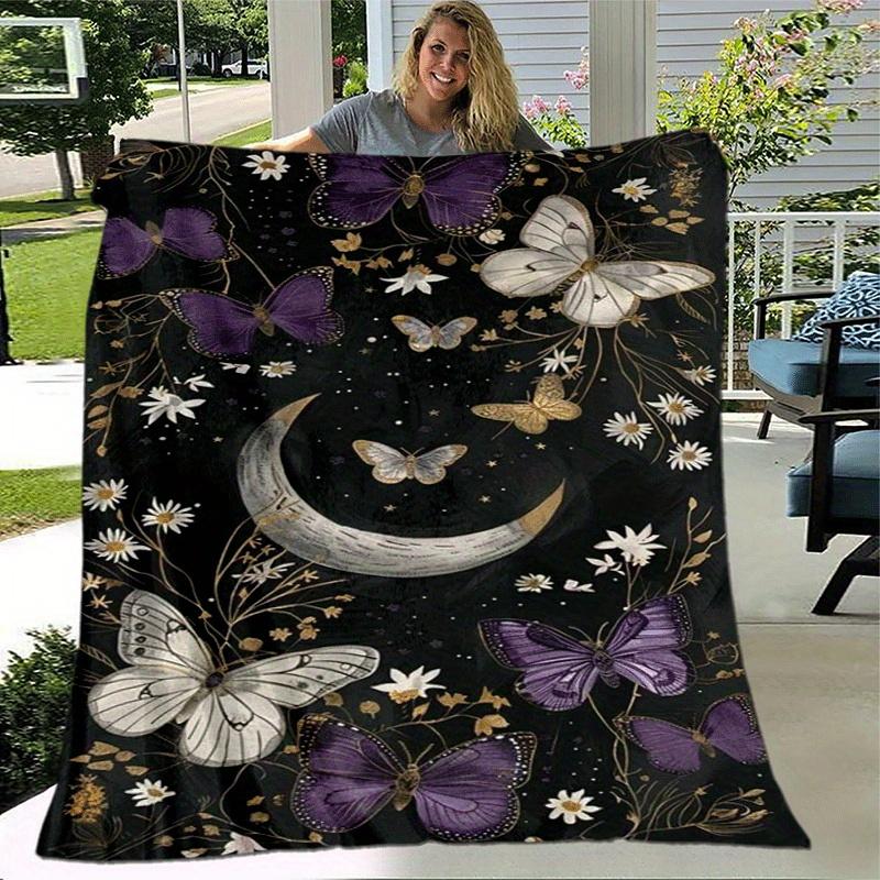 1pc Moon Butterfly Printing Lightweight Flannel Blanket, Comfortable and Warm Blanket, for Camping Sofa Bed and Couch Office, Gift