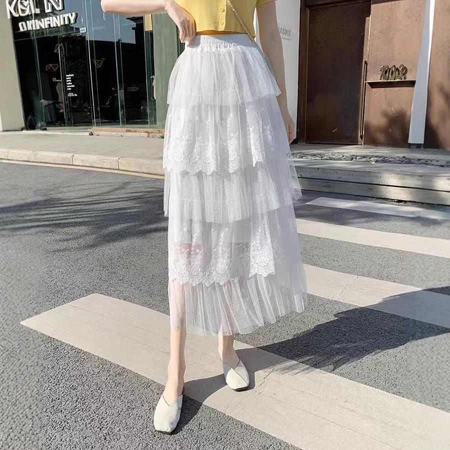 High-End Women's Layered Lace Mesh A-Line Skirt - Autumn/Winter Slimming Long Skirt