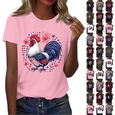 Camiseta de Manga Corta con Cuello Redondo Casual para Mujer con Estampado del Día de la Independencia