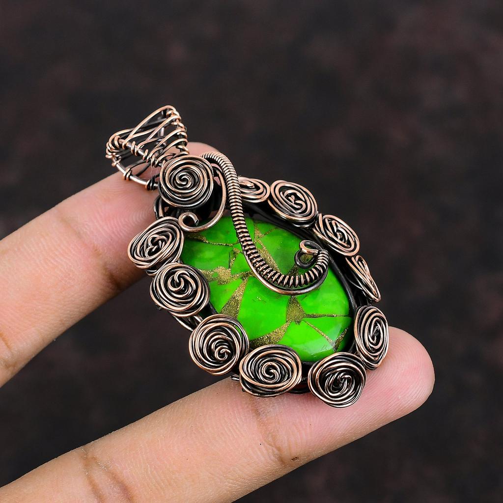 Copper Green Turquoise Pendant Copper Wire Wrapped Pendant Handmade Pendant Wire Wrap Jewelry Gemstone Pendant Copper Jewelry Gift For Women