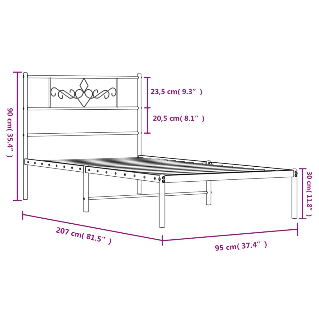 Metal Bed Frame with Headboard Black 90x200 cm