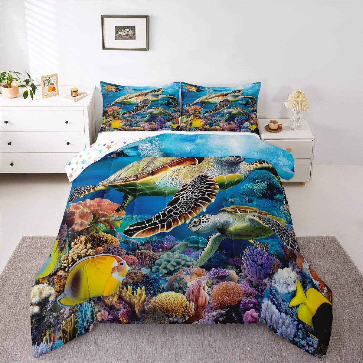 

Erosebridal Lighthouse Comforter Set Nautical Sea Beach Bedding Set Full Size,Coastal Birds Creature Quilt for Kids Boys Girls Adults Blue O 155x200cm