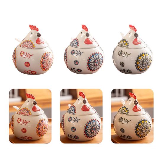 Ceramic Spice Jar 400ml Rooster Shape Cookie Jar with Lid Hand-Painted Floral Pattern Kitchen Container for Salt Sugar Pepper And Snacks Storage