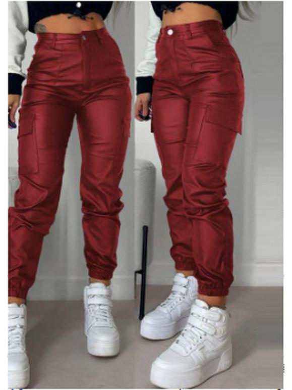 European & American Women's Slim Fit PU Motorcycle Pants with Zipper, Pleats, and Patch Pockets.