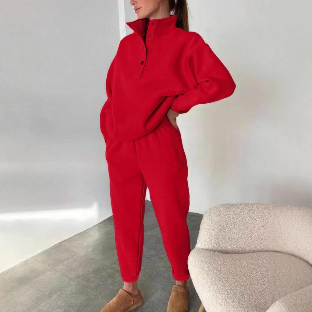 Frühlings- und Herbst-Damenmode, modische Kapuzenpullover mit Knopfleiste und Kragen, lockeres Hosen-Set