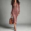 2026 Elegant Casual Velvet Zip Bodycon Midi Dress Long Sleeve V Neck Slim Fit Women