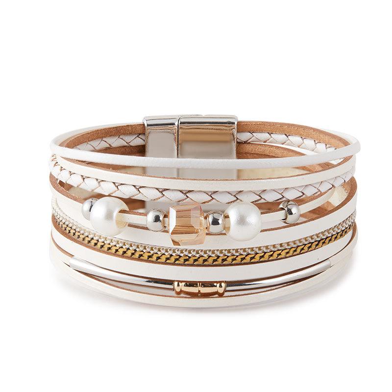 

Браслет в стиле бохо-ретро для женщин, многослойный, плетеный вручную, кожаный браслет с магнитной пряжкой, ювелирный аксессуар