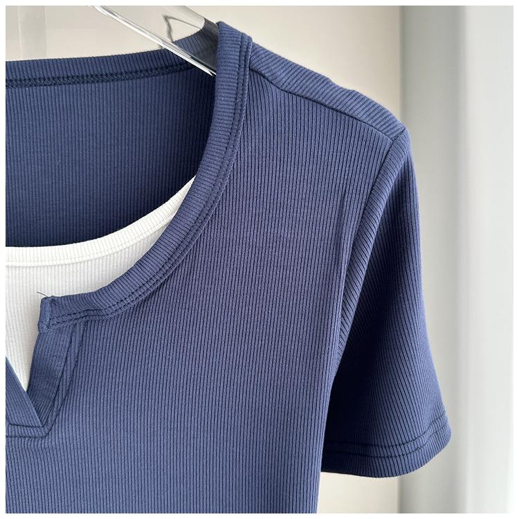 Plus Size Fake Two-Piece Color Block Short Sleeve T-Shirt Ribbed Slimming Top For Women Versatile Breathable Soft Material Flattering Slim Women Top
