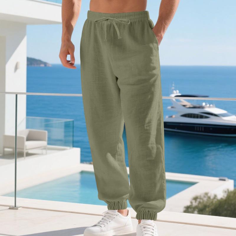 European and American men's linen casual loose leggings cotton and linen breathable simple beach pants