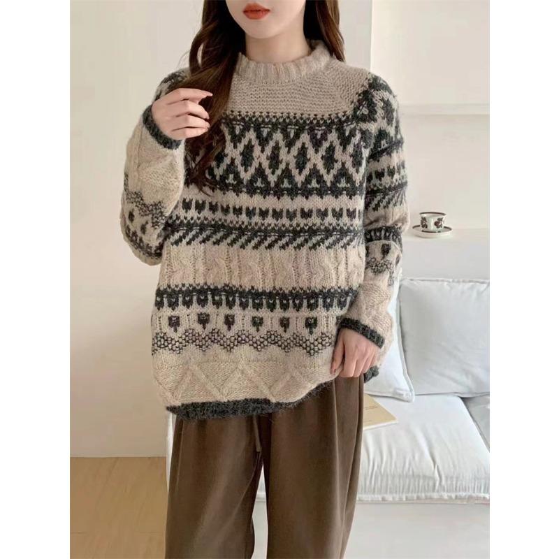 

Ретро ромбовидный жаккард Фэр Айл новый свитер женский осенне-зимний дизайнерский утолщенный вязаный свитер свободное пальто One Size