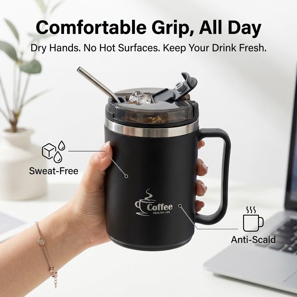 Thermal Coffee Mug with Handle 304 Stainless Steel Insulated Tumbler Leakproof Travel Water Bottle Portable Cup with Spoon