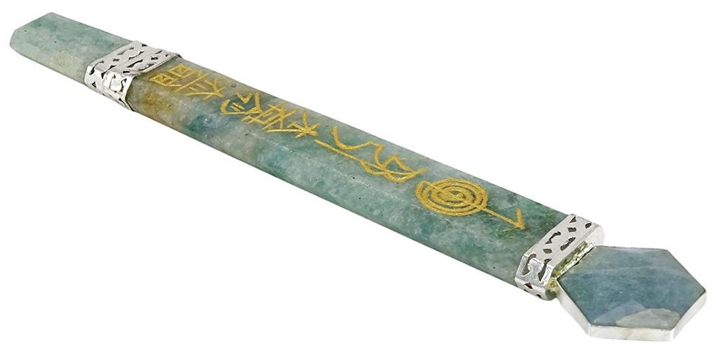 Harmonize Green Aventurine Stone Healing Reiki Crystal Flat Wand Engraved Hand