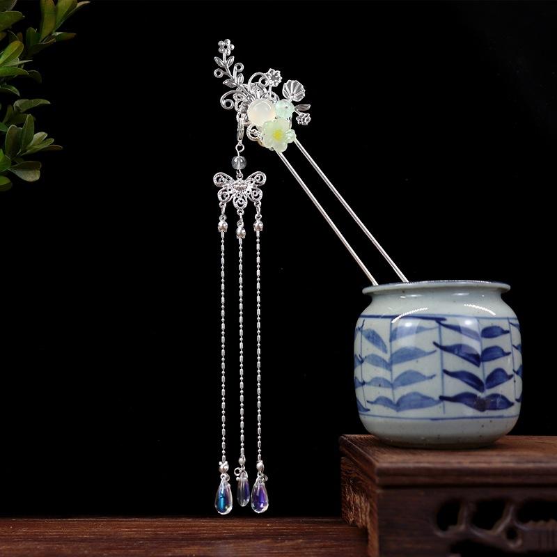 Handmade Retro Fairy Long Fringed Hairpin, Step Hairpin, Women's Ancient Costume Disc Hair Hairpin, Ancient Hanfu Headgear Accessories