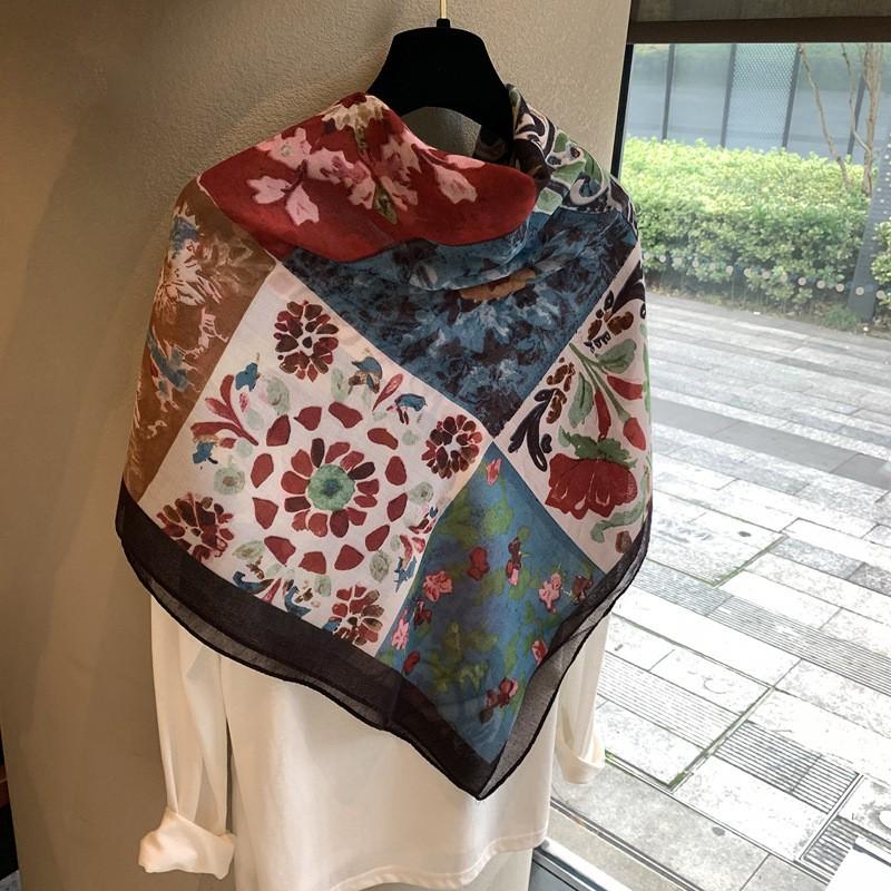 Womens Cotton Linen Scarf Square Wrap Shawl With Floral Print Lightweight Fall Winter Accessory