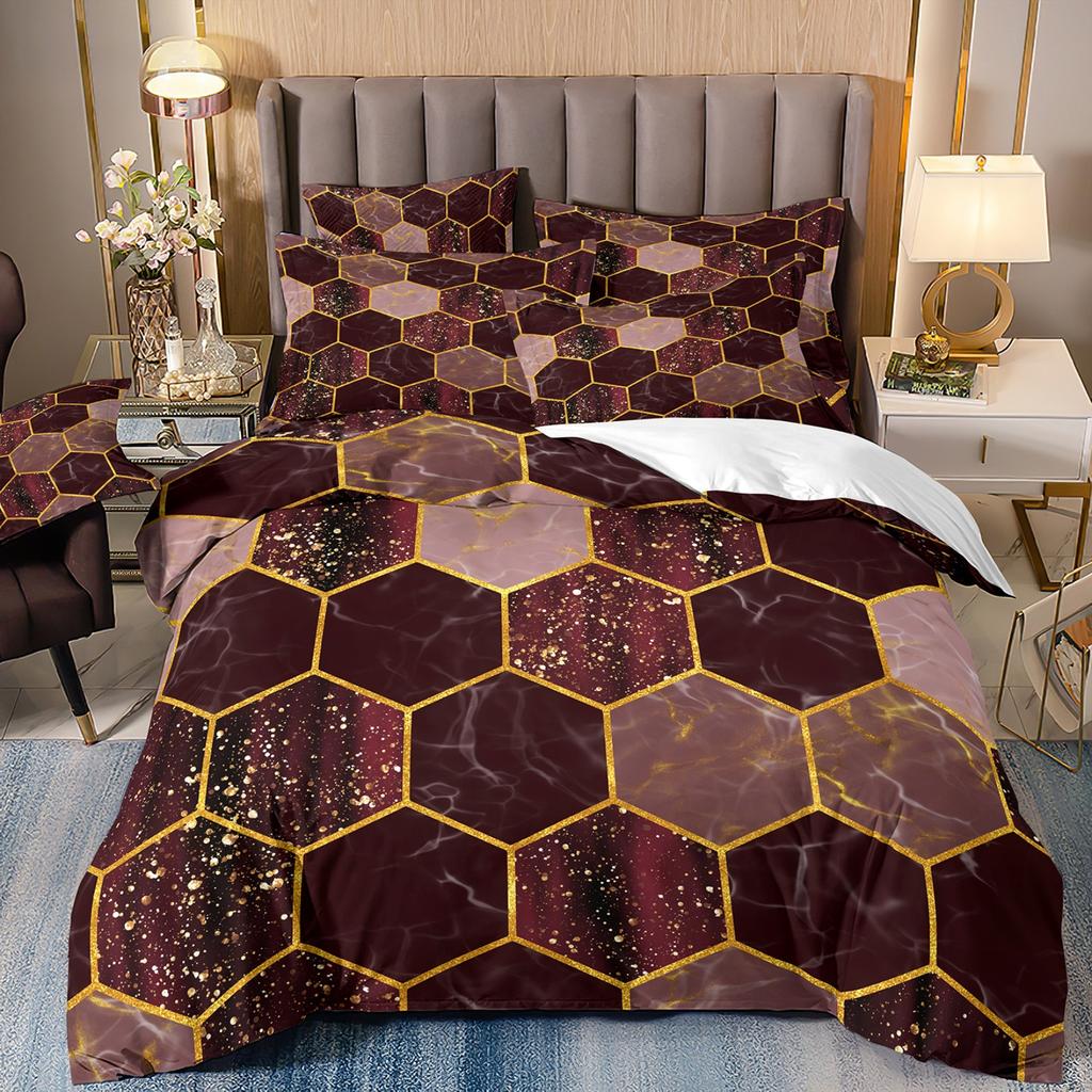 3D Digital Printing Light Luxury Geometric Honeycomb Stone Pattern Bedding Quilt Cover Three-Piece Set