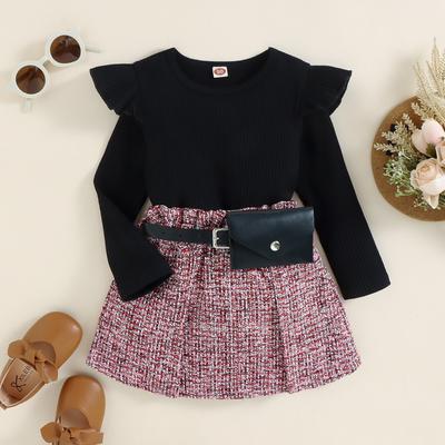1-5 anos roupas infantis meninas primavera, outono e inverno algodão manga comprida + bolsa de cintura pequena + saia terno crianças 3 peças terno