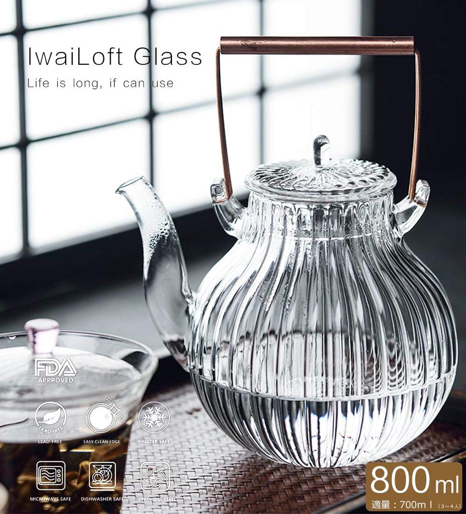 IwaiLoft Handmade Heat-Resistant Glass Teapot with Strainer, Glass and Copper Handle, Jumping Design, Perfect for Fruit Tea, Loose Leaf Tea, Flower
