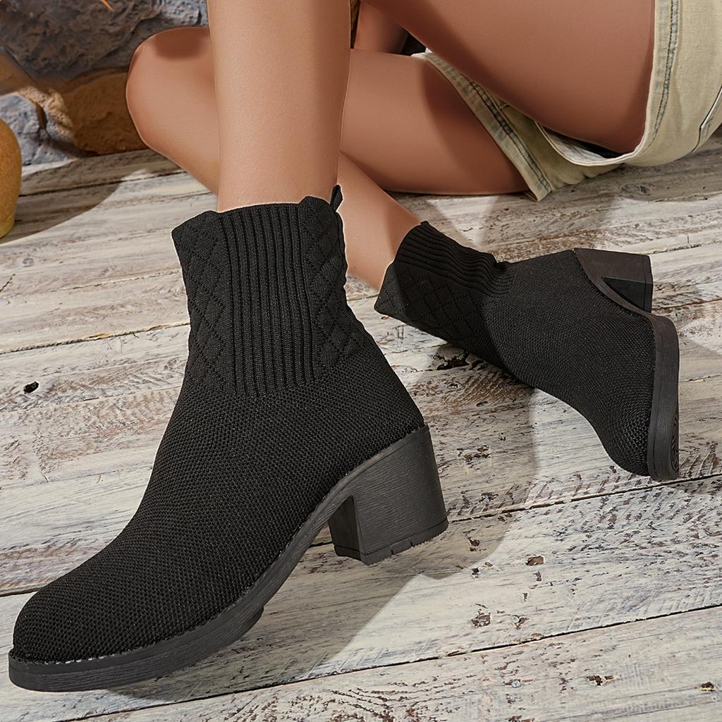 Women'S Knitted Ankle Socks Boots Fashion Chunky Heel Solid Color Black Winter Casual Comfortable Slip On Women'S Ankle Boots
