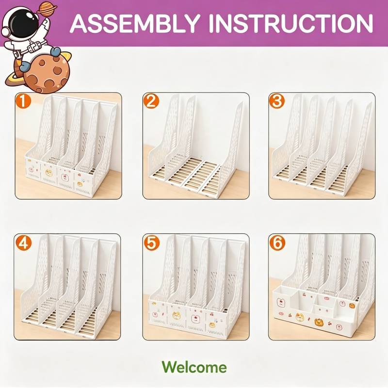 Metal Book Stand Partitions With Decor Stickers Student Office Document Book Holder Desk Organizer