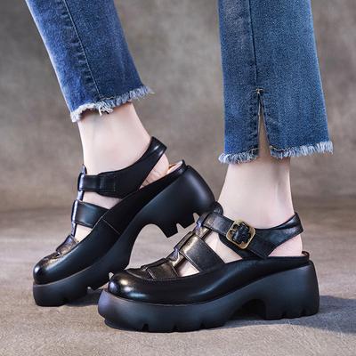 Sandales à plateforme en cuir de vachette première couche pour femmes été 2025 nouveau respirant creux rétro muffin romaines mocassins femmes