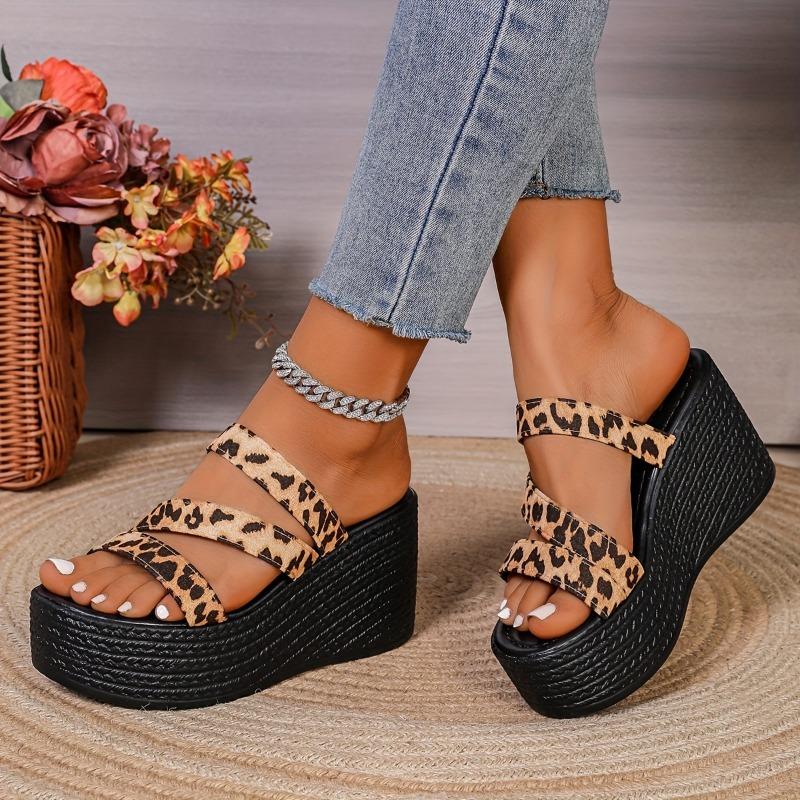 Women'S Fashionable Leopard Print Wedge Sandals - Elegant Slip-On Thick Sole Platform Heels with Ankle Strap, Summer Style