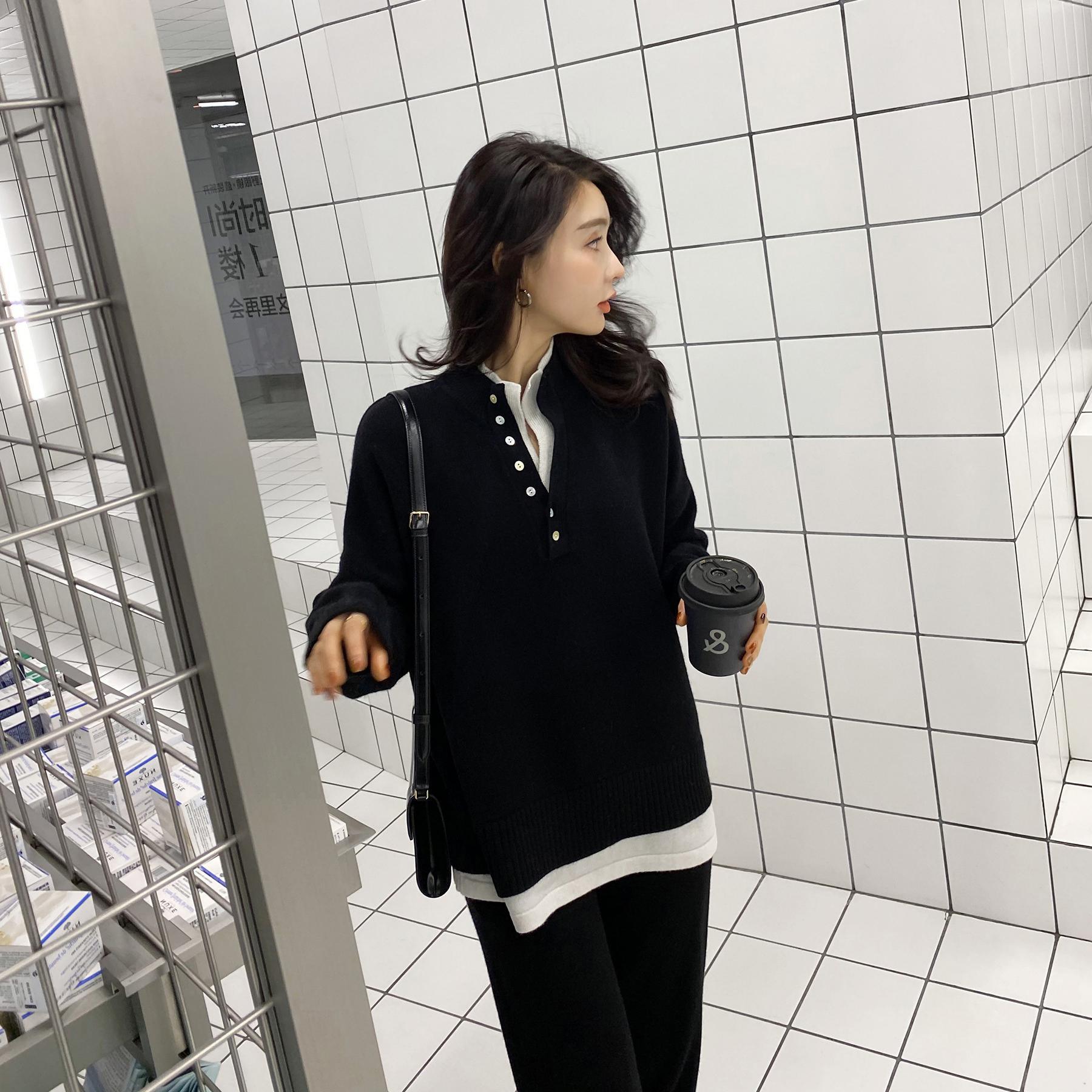 

Осенне-зимний модный трикотажный костюм женский в стиле Гонконга в стиле ретро с длинными рукавами свитер с широкими брюками костюм One Size чёрный