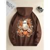 Ladies Spring Autumn Casual Hooded Long Sleeve Big Pocket Halloween Ghost Pumpkin Flower Printed Pullover Hoodies Sweatshirt Top