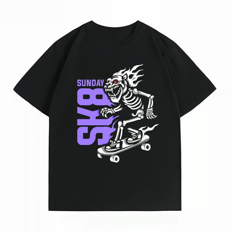 Unisexs 100 Cotton Summer New TShirt Skeleton Skateboard SUNDAY SK8 Print Streetwear Skate Casual Short Sleeve Tops