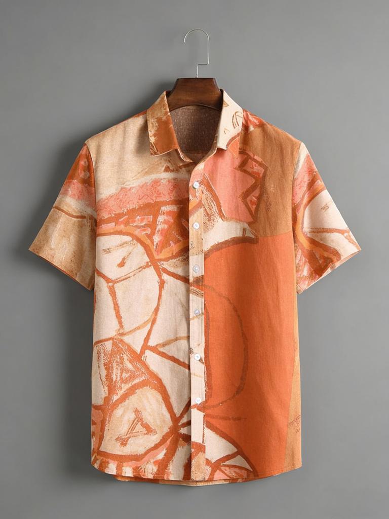 2026 New men's summer simple retro short-sleeved lapel shirt beige graffiti 3D printed shirt outdoor casual outdoor men's tops