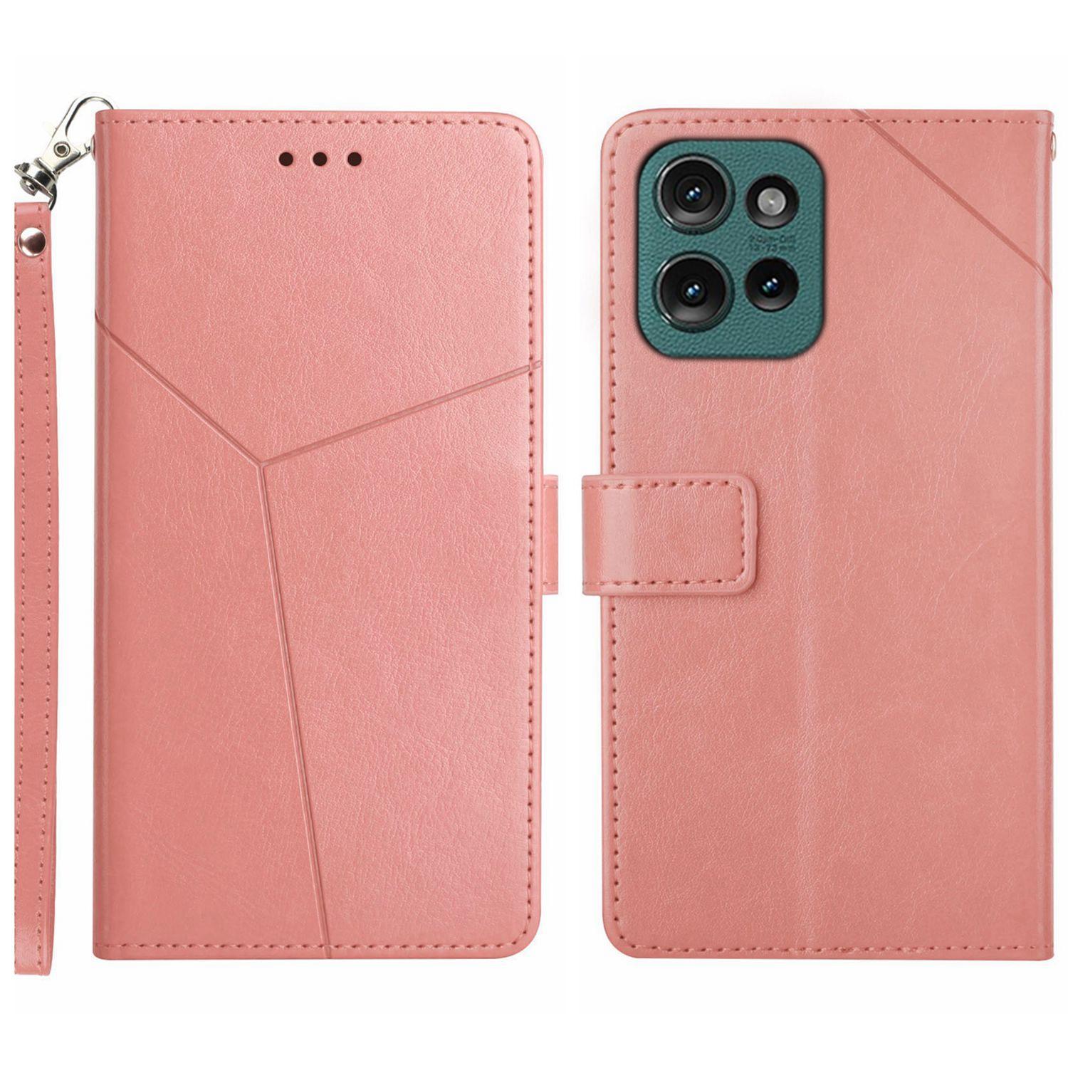 

For Motorola Edge 50 Neo 5G/Moto S50 5G/Thinkphone 25 5G Case with Wrist Strap Y Shaped Lines Imprint Leather Phone Cover Pink