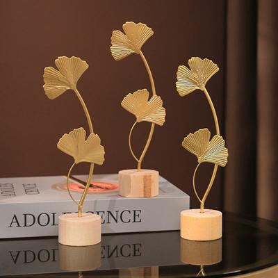 Golden Ginkgo Leaf Decoration with Wood Base Metal Feather Leaves Snowflake Figurine Statue Sculpture Home Office Living Room Desktop Ornament