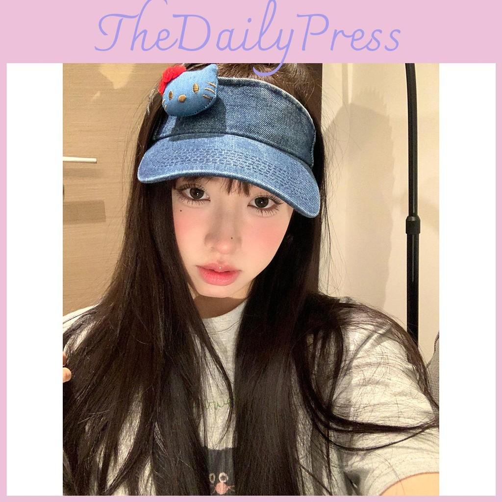 Stylish Adjustable Sun Hat With Cute Cartoon Cat Print Breathable Cap Denim