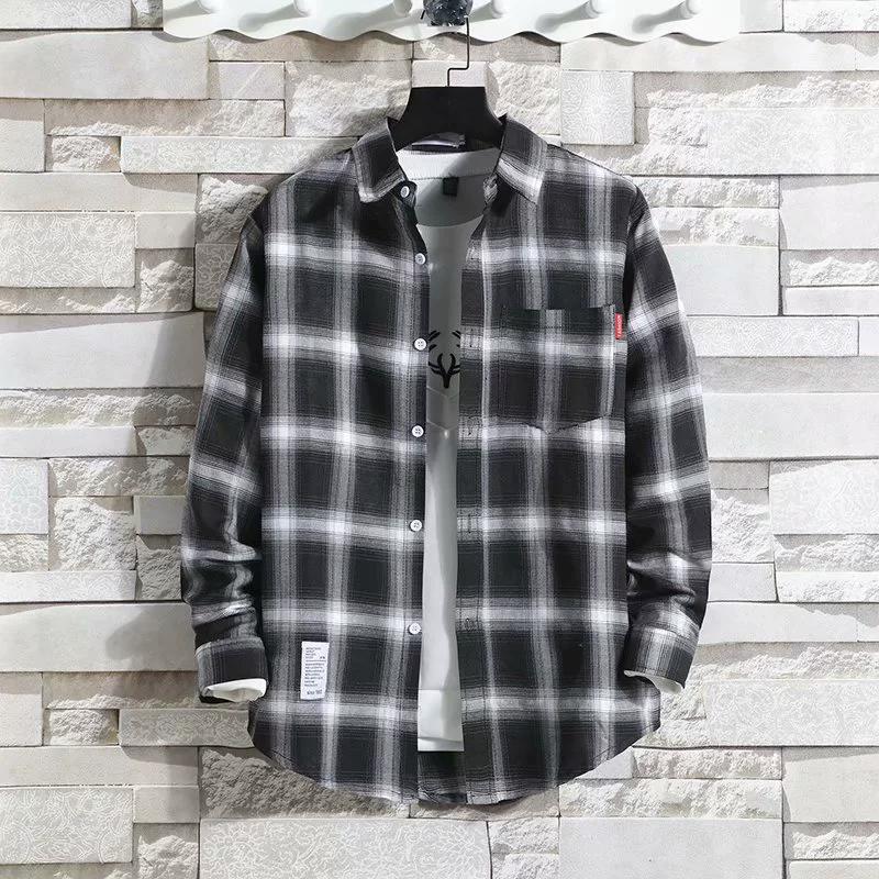 Men's White Plaid Shirt Long-sleeved Trend Shirts Versatile Men's Inch Shirt New Tops