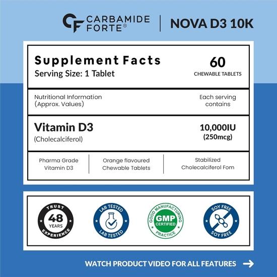 Carbamide Forte Vitamin d3 10000iu | Chewable Vitamin D Tablets | D3 Supplement for Bone & Immunity  | Orange Flavour - 60 Tablets