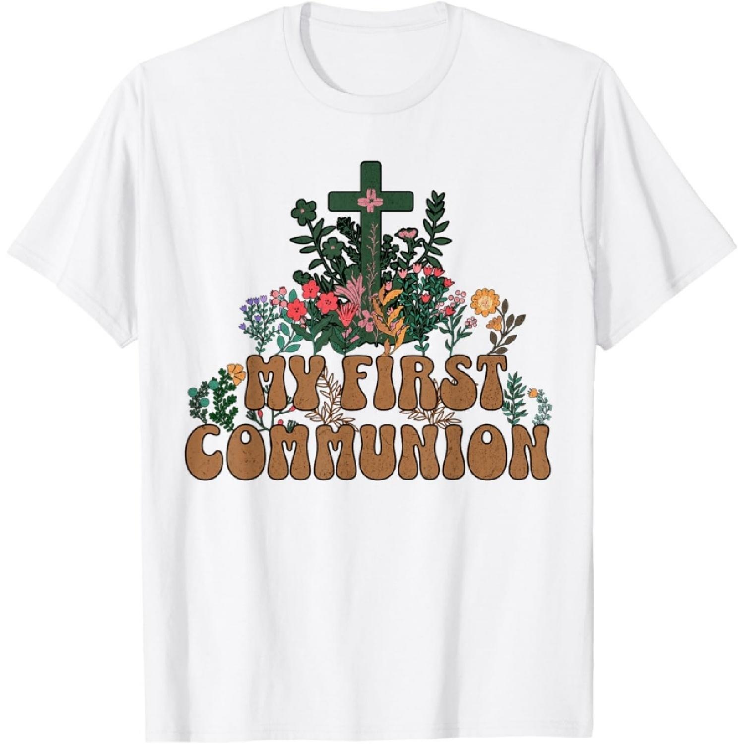 My First Communion Girls Wildflower Retro Holy Catholic T-Shirt S