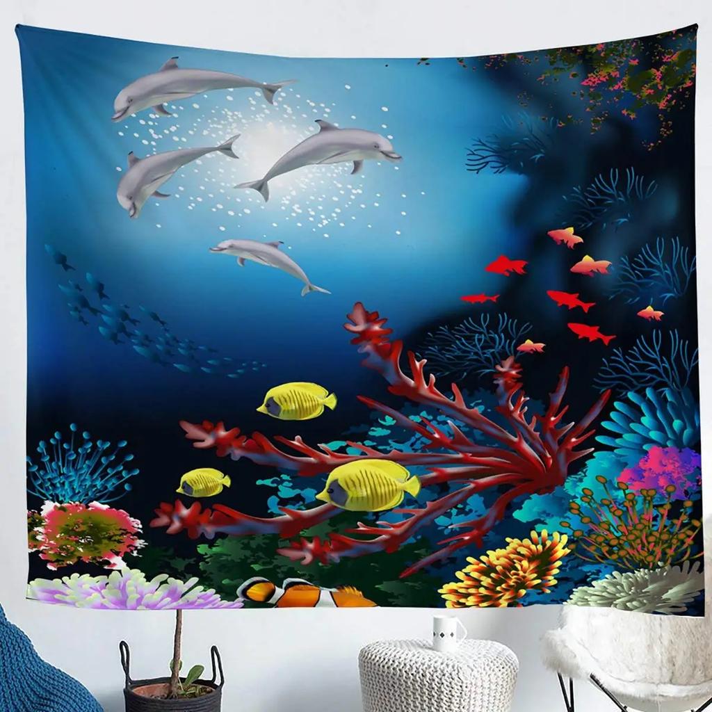 Unterwasser-Oase Wandteppich Delfin Unter dem Meer Korallenfische Anemonen Tiefsee Fantasy Blasen Wandbehänge Dekor Zimmer Wandteppiche