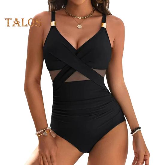 

Женский монокини с глубоким V-образным вырезом без рукавов сетчатый купальник с эффектом сращивания живота, полностью закрывающий купальный костюм L чёрный